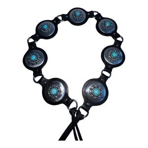 New Ariat Circle Concho Belt Black Leather Tassel Tie Silver Turquoise Size L